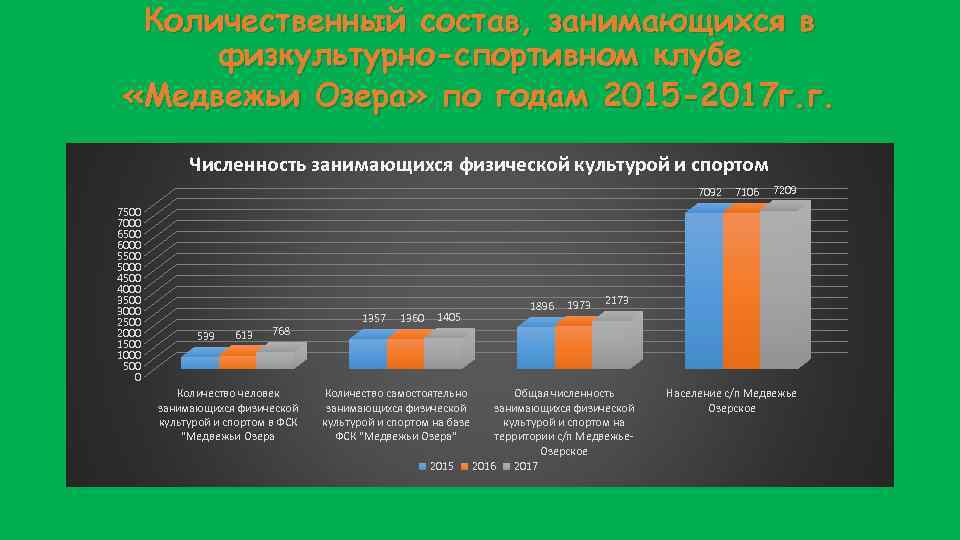Количественный состав, занимающихся в физкультурно-спортивном клубе «Медвежьи Озера» по годам 2015 -2017 г. г.