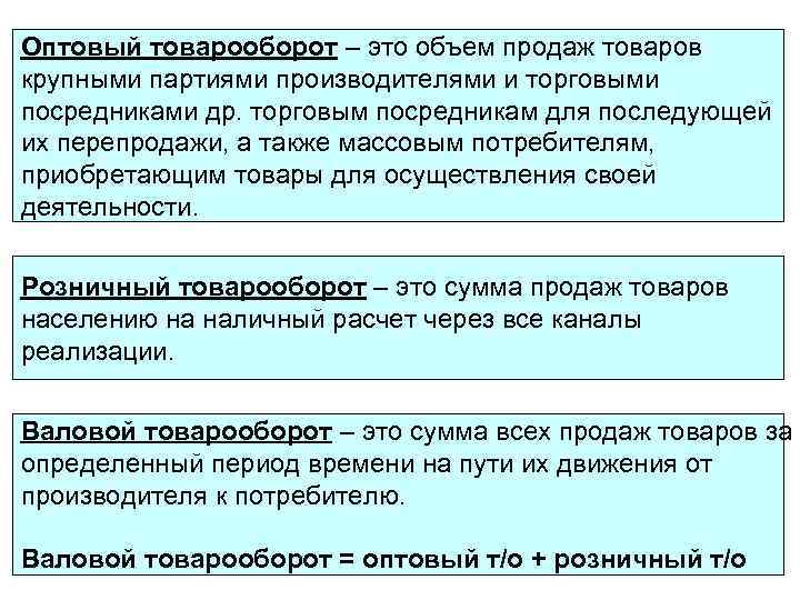 Оптовый товарооборот – это объем продаж товаров крупными партиями производителями и торговыми посредниками др.