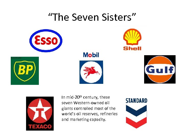 “The Seven Sisters” In mid-20 th century, these seven Western-owned oil giants controlled most