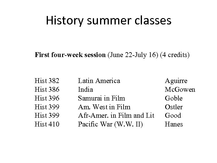 History summer classes First four-week session (June 22 -July 16) (4 credits) Hist 382
