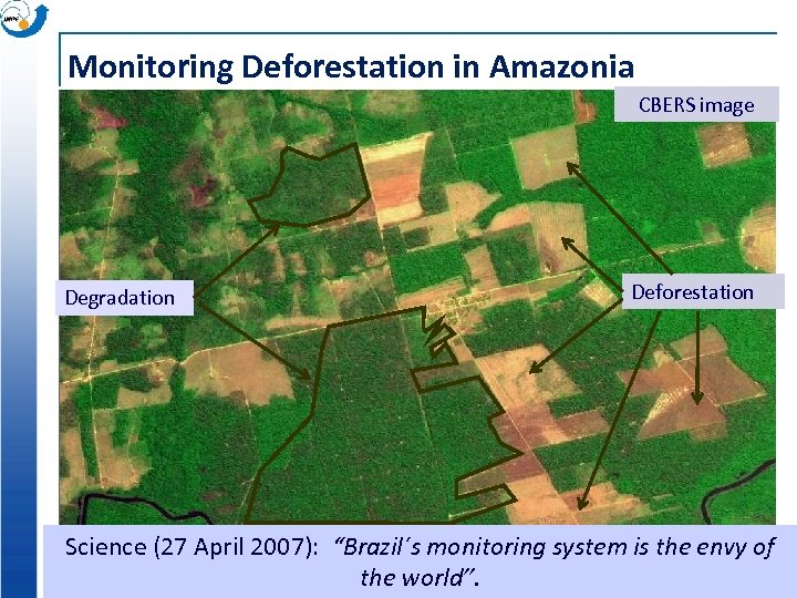 Monitoring Deforestation in Amazonia CBERS image Degradation Deforestation Science (27 April 2007): “Brazil´s monitoring