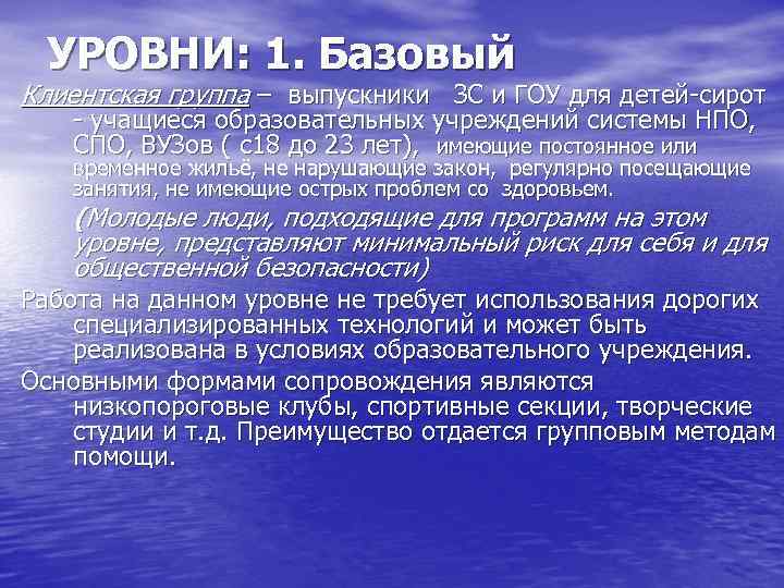 УРОВНИ: 1. Базовый Клиентская группа – выпускники ЗС и ГОУ для детей-сирот - учащиеся