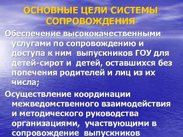 ОСНОВНЫЕ ЦЕЛИ СИСТЕМЫ СОПРОВОЖДЕНИЯ Обеспечение высококачественными услугами по сопровождению и доступа к ним выпускников