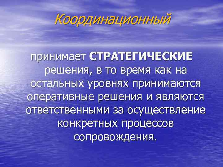 Координационный принимает СТРАТЕГИЧЕСКИЕ решения, в то время как на остальных уровнях принимаются оперативные решения