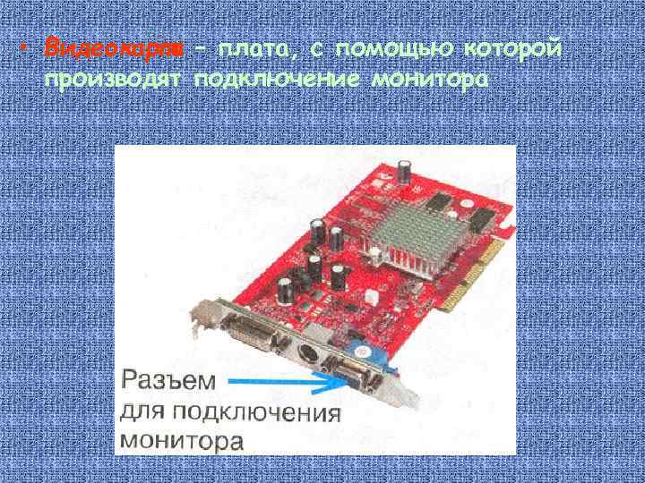  • Видеокарта – плата, с помощью которой производят подключение монитора 