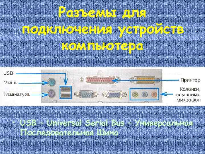 Разъемы для подключения устройств компьютера • USB – Universal Serial Bus – Универсальная Последовательная