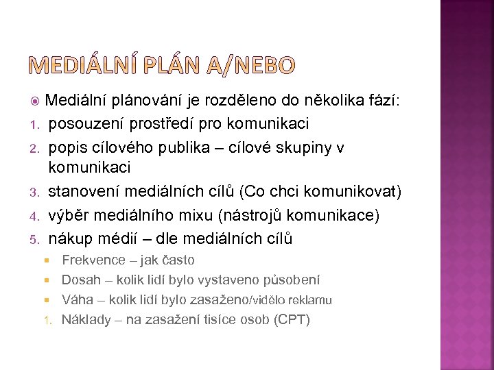 Mediální plánování je rozděleno do několika fází: 1. posouzení prostředí pro komunikaci 2. popis