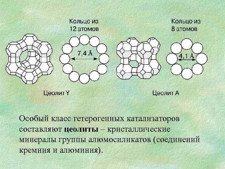 Особый класс гетерогенных катализаторов составляют цеолиты – кристаллические минералы группы алюмосиликатов (соединений кремния и