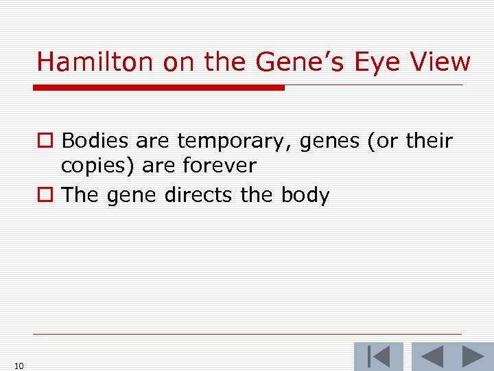 Hamilton on the Gene’s Eye View o Bodies are temporary, genes (or their copies)