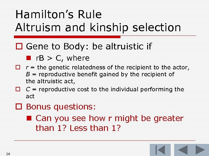 Hamilton’s Rule Altruism and kinship selection o Gene to Body: be altruistic if n