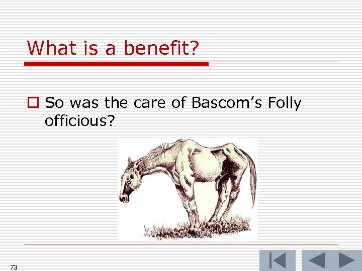 What is a benefit? o So was the care of Bascom’s Folly officious? 73