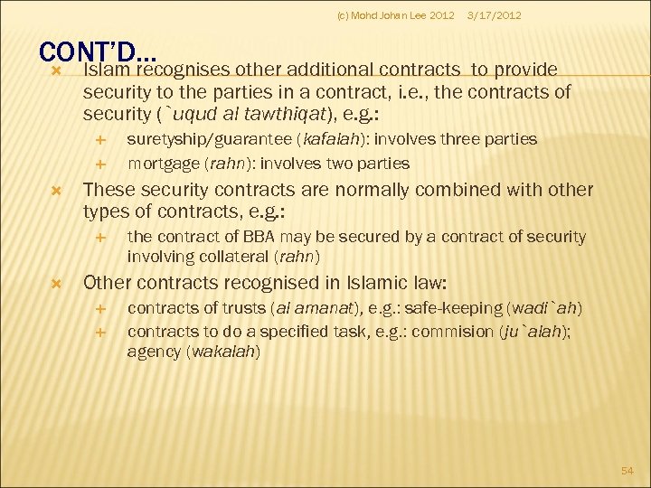 (c) Mohd Johan Lee 2012 3/17/2012 CONT’D… Islam recognises other additional contracts to provide