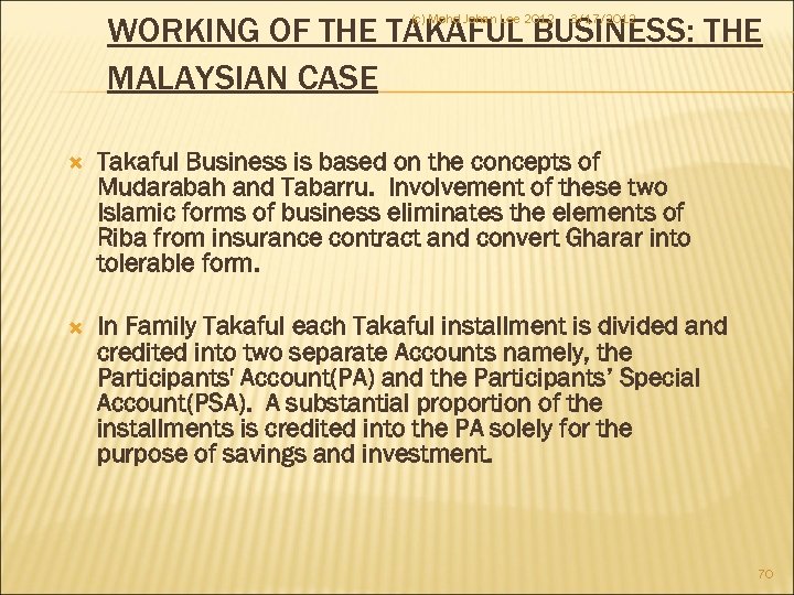 WORKING OF THE TAKAFUL BUSINESS: THE MALAYSIAN CASE (c) Mohd Johan Lee 2012 3/17/2012