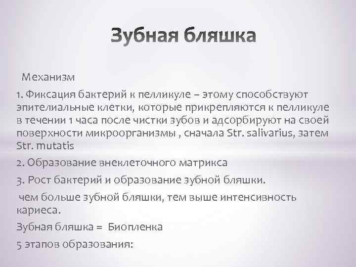  Механизм 1. Фиксация бактерий к пелликуле – этому способствуют эпителиальные клетки, которые прикрепляются