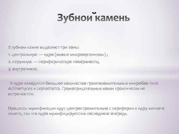  В зубном камне выделяют три зоны: 1. центральную — ядро (живые микроорганизмы) ;