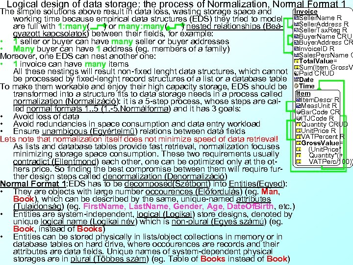 Logical design of data storage: the process of Normalization, Normal Format 1 Invoice The