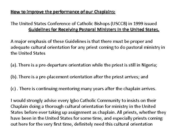 How to improve the performance of our Chaplains: The United States Conference of Catholic