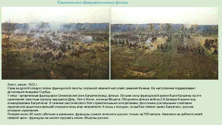 Семеновские (Багратионовы) флеши Холст, масло. 1912 г. Одна за другой следуют атаки французской пехоты: