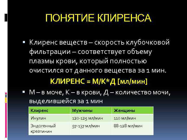 ПОНЯТИЕ КЛИРЕНСА Клиренс веществ – скорость клубочковой фильтрации – соответствует объему плазмы крови, который