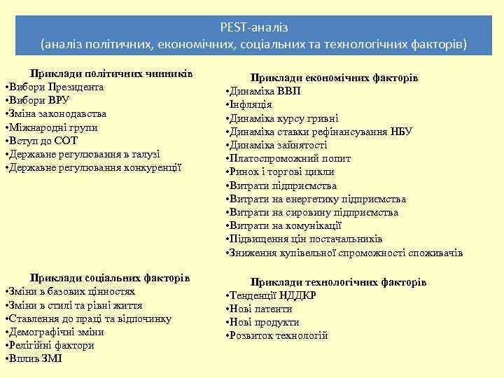 PEST-аналіз (аналіз політичних, економічних, соціальних та технологічних факторів) Приклади політичних чинників • Вибори Президента