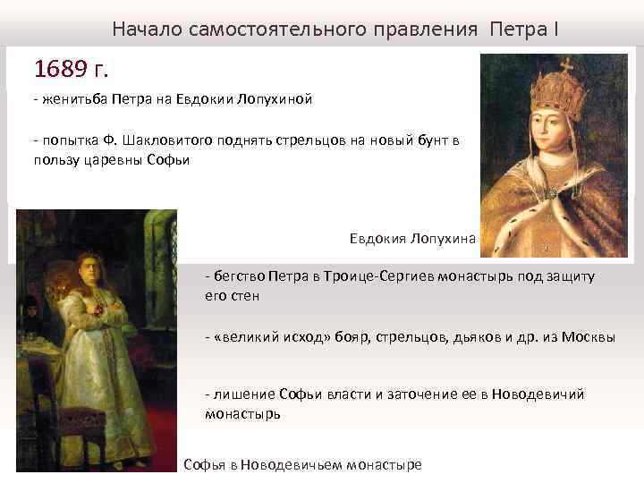 Начало самостоятельного правления Петра I 1689 г. - женитьба Петра на Евдокии Лопухиной -