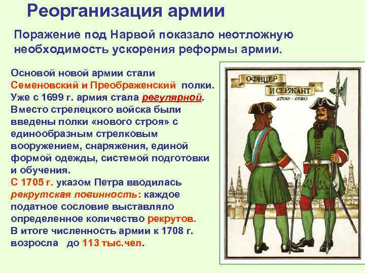 Реорганизация армии Поражение под Нарвой показало неотложную необходимость ускорения реформы армии. Основой армии стали