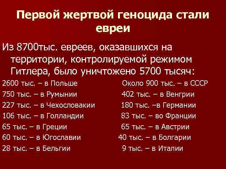 Первой жертвой геноцида стали евреи Из 8700 тыс. евреев, оказавшихся на территории, контролируемой режимом