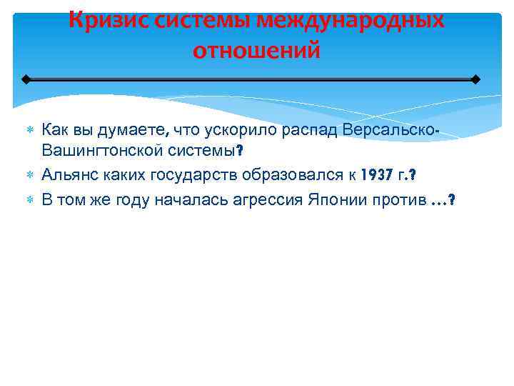 Кризис системы международных отношений Как вы думаете, что ускорило распад Версальско. Вашингтонской системы? Альянс