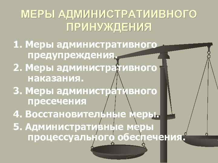 МЕРЫ АДМИНИСТРАТИИВНОГО ПРИНУЖДЕНИЯ 1. Меры административного предупреждения. 2. Меры административного наказания. 3. Меры административного