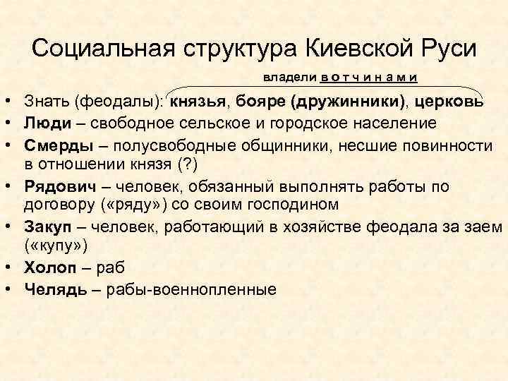 Социальная структура Киевской Руси владели в о т ч и н а м и