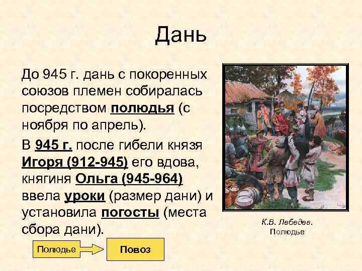 Дань До 945 г. дань с покоренных союзов племен собиралась посредством полюдья (с ноября