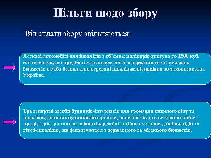 Пільги щодо збору Від сплати збору звільняються: Легкові автомобілі для інвалідів з об’ємом циліндрів