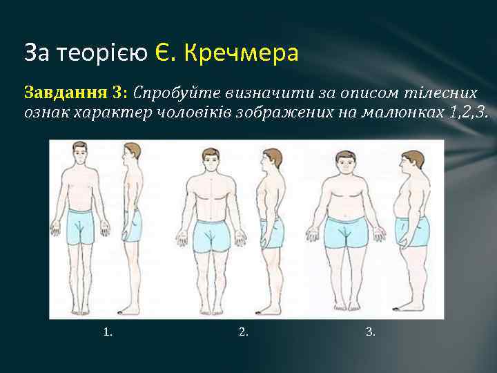 За теорією Є. Кречмера Завдання 3: Спробуйте визначити за описом тілесних ознак характер чоловіків