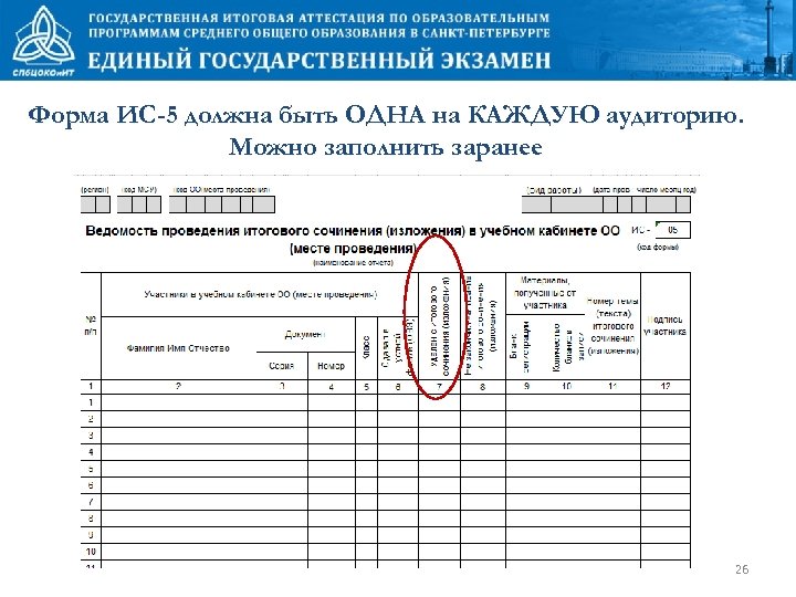 Форма ИС-5 должна быть ОДНА на КАЖДУЮ аудиторию. Можно заполнить заранее 26 