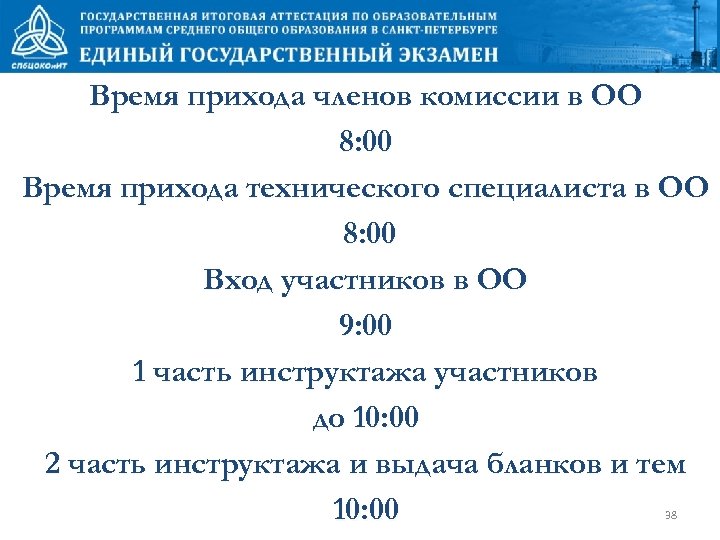 Время прихода членов комиссии в ОО 8: 00 Время прихода технического специалиста в ОО