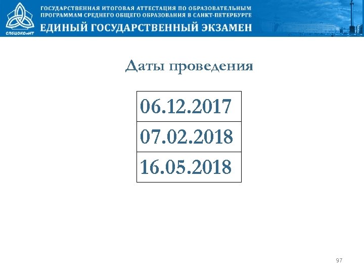 Даты проведения 06. 12. 2017 07. 02. 2018 16. 05. 2018 97 