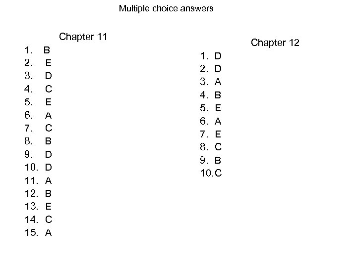 Multiple choice answers Chapter 11 1. 2. 3. 4. 5. 6. 7. 8. 9.