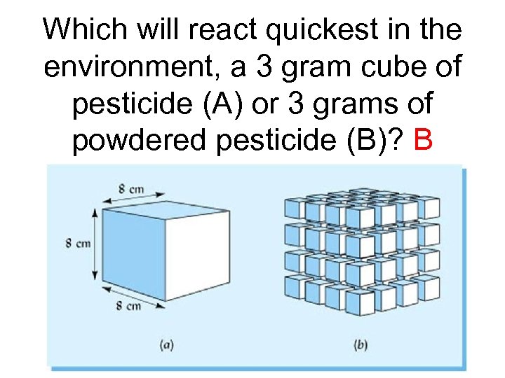 Which will react quickest in the environment, a 3 gram cube of pesticide (A)