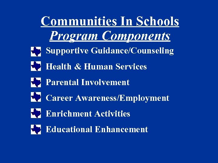 Communities In Schools Program Components Supportive Guidance/Counseling Health & Human Services Parental Involvement Career