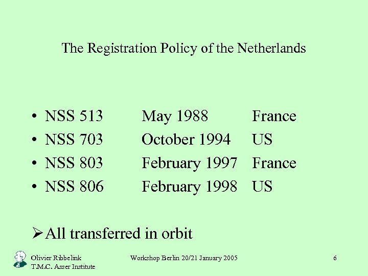 The Registration Policy of the Netherlands • • NSS 513 NSS 703 NSS 806