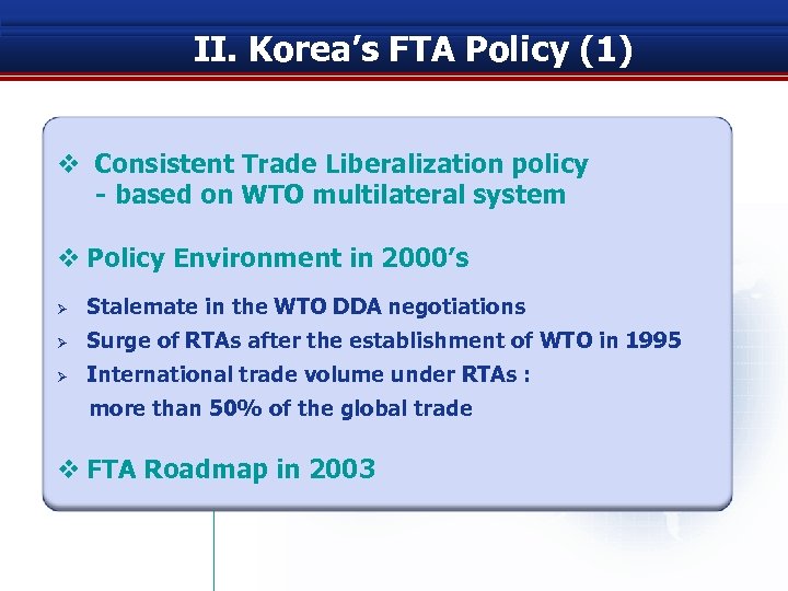 II. Korea’s FTA Policy (1) v Consistent Trade Liberalization policy - based on WTO
