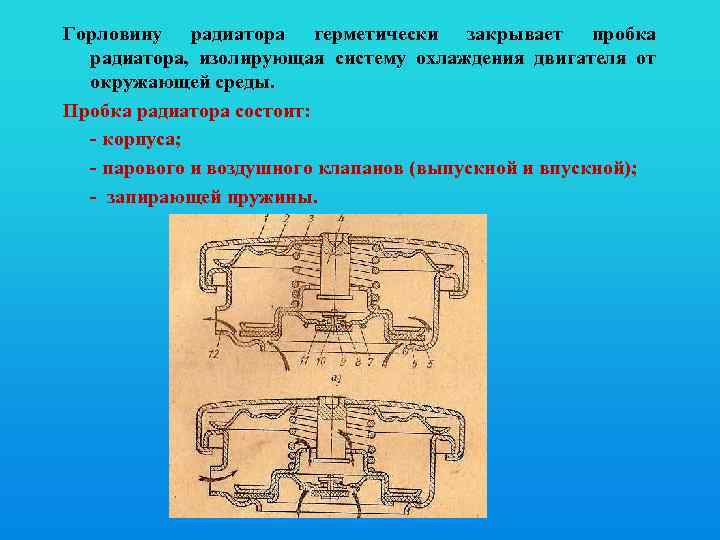 Горловину радиатора герметически закрывает пробка радиатора, изолирующая систему охлаждения двигателя от окружающей среды. Пробка