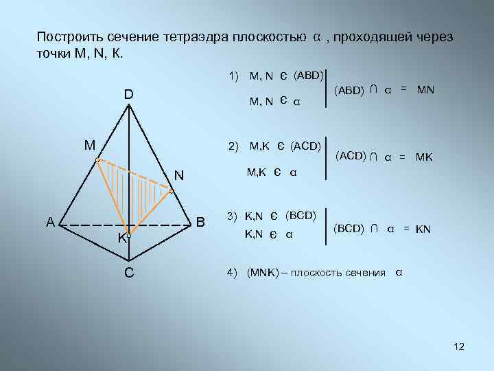 Построить сечение тетраэдра плоскостью α , проходящей через точки М, N, К. M 2)