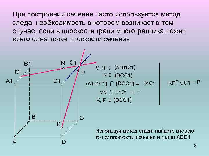 При построении сечений часто используется метод следа, необходимость в котором возникает в том случае,