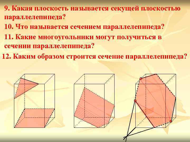 9. Какая плоскость называется секущей плоскостью параллелепипеда? 10. Что называется сечением параллелепипеда? 11. Какие