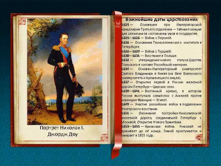 Важнейшие даты царствования Портрет Николая I. Джордж Доу 1826 — Основание при Императорской канцелярии