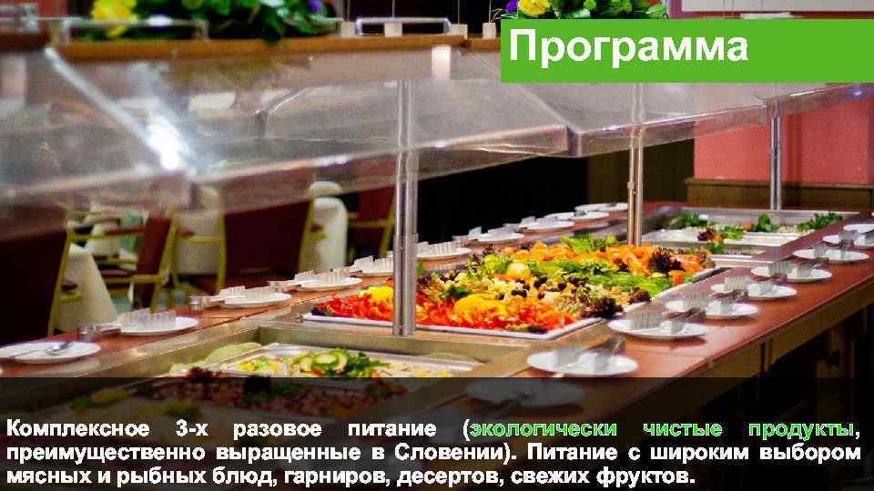 Программа Комплексное 3 -х разовое питание (экологически чистые продукты, преимущественно выращенные в Словении). Питание
