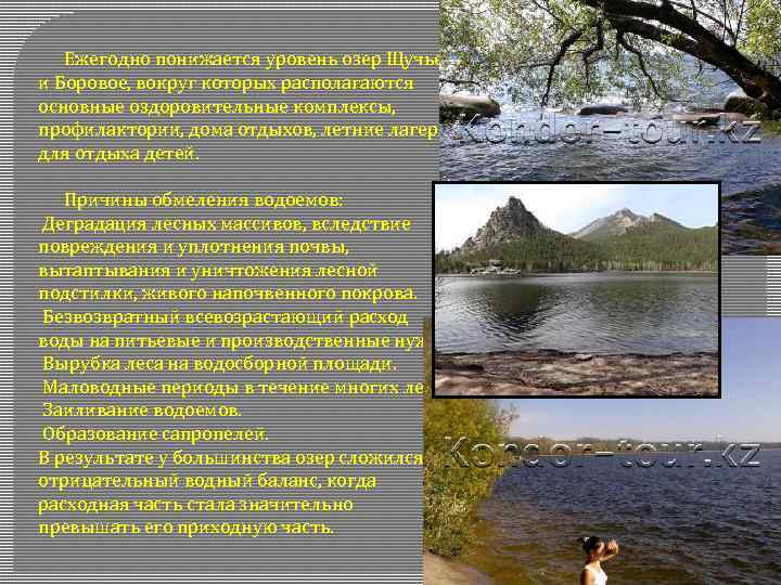  Ежегодно понижается уровень озер Щучье и Боровое, вокруг которых располагаются основные оздоровительные комплексы,