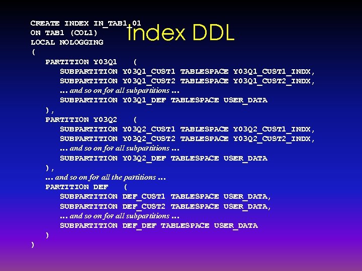 Index DDL CREATE INDEX IN_TAB 1_01 ON TAB 1 (COL 1) LOCAL NOLOGGING (