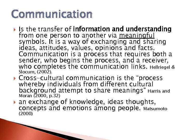 Communication Is the transfer of information and understanding from one person to another via